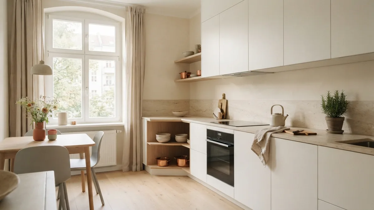 Crisp white flat-panel kitchen cabinets in a clean modern European interior
