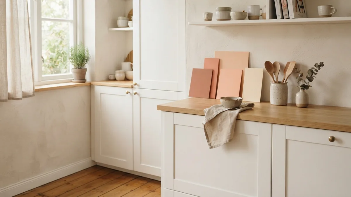 Paint sample boards tested beside white kitchen cabinet doors and pale oak