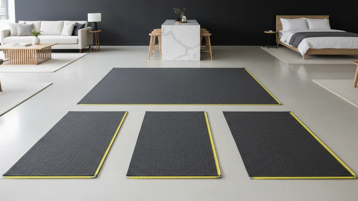 Common rug sizes compared Measuring tape and rug edges shown side-by-side to compare common carpet sizes