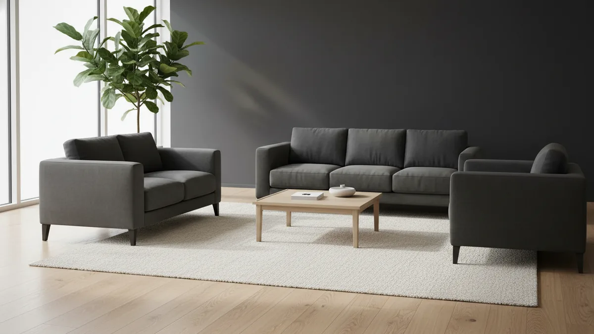 Sofa and chairs positioned on a correctly sized rug with balanced visible floor