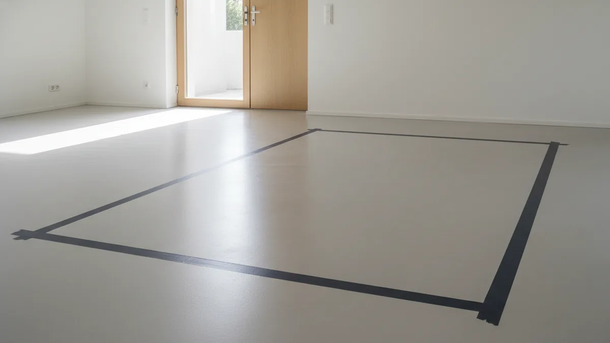 Taped rug outline on the floor showing doorway clearance and placement boundaries