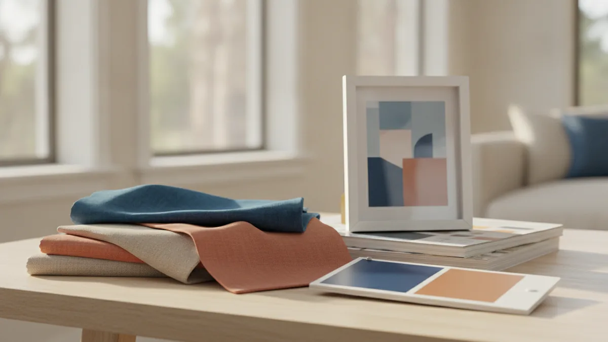 Fabric and artwork next to paint swatches for choosing wall colors.