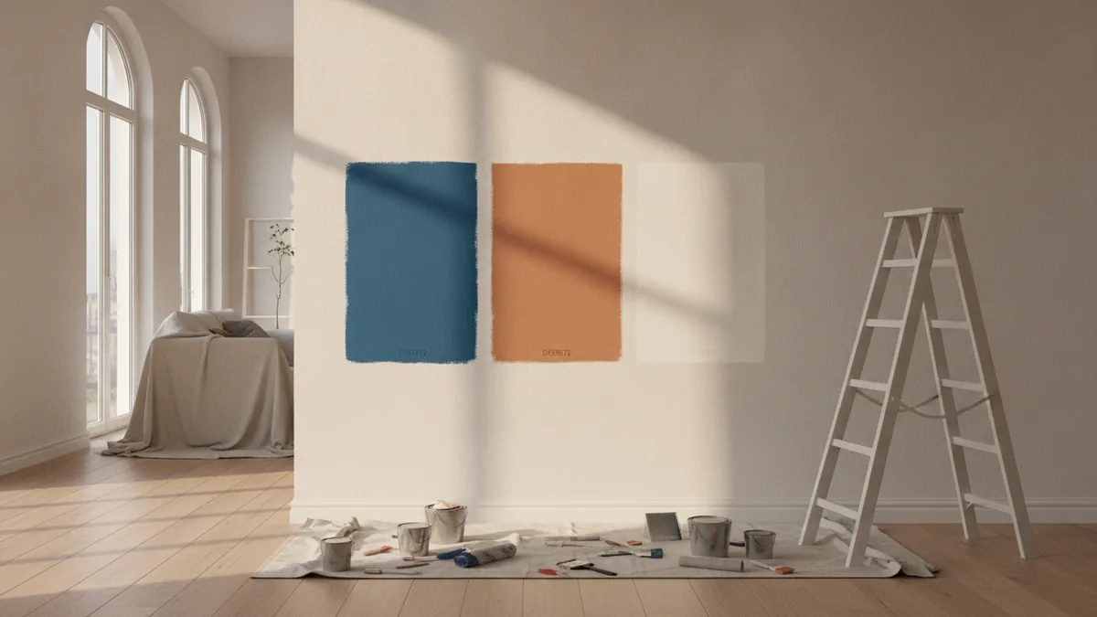 Paint sample patches on a wall showing how color changes in light.