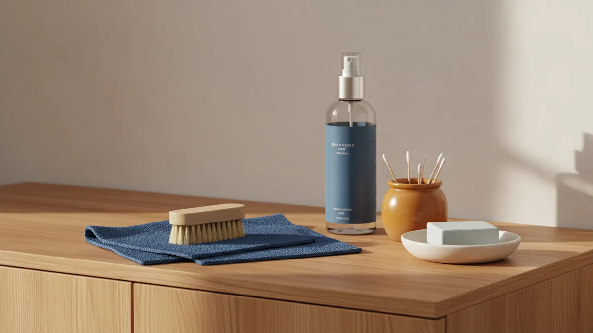 Close view of dusting tools resting on a warm wooden furniture surface