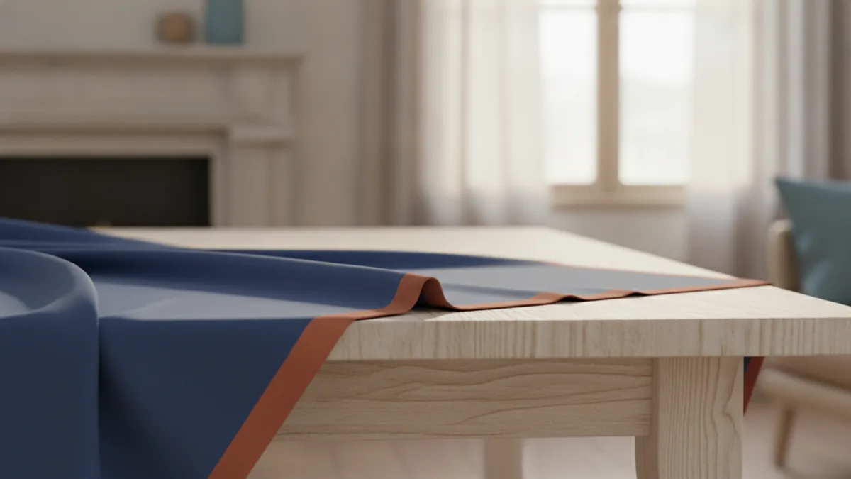 Hands-free close view of a clean cloth wiping a wooden table along its grain