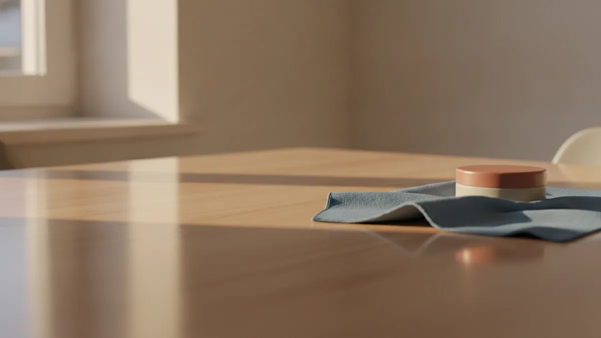 Polished wooden tabletop showing a soft natural sheen beside a cotton cloth