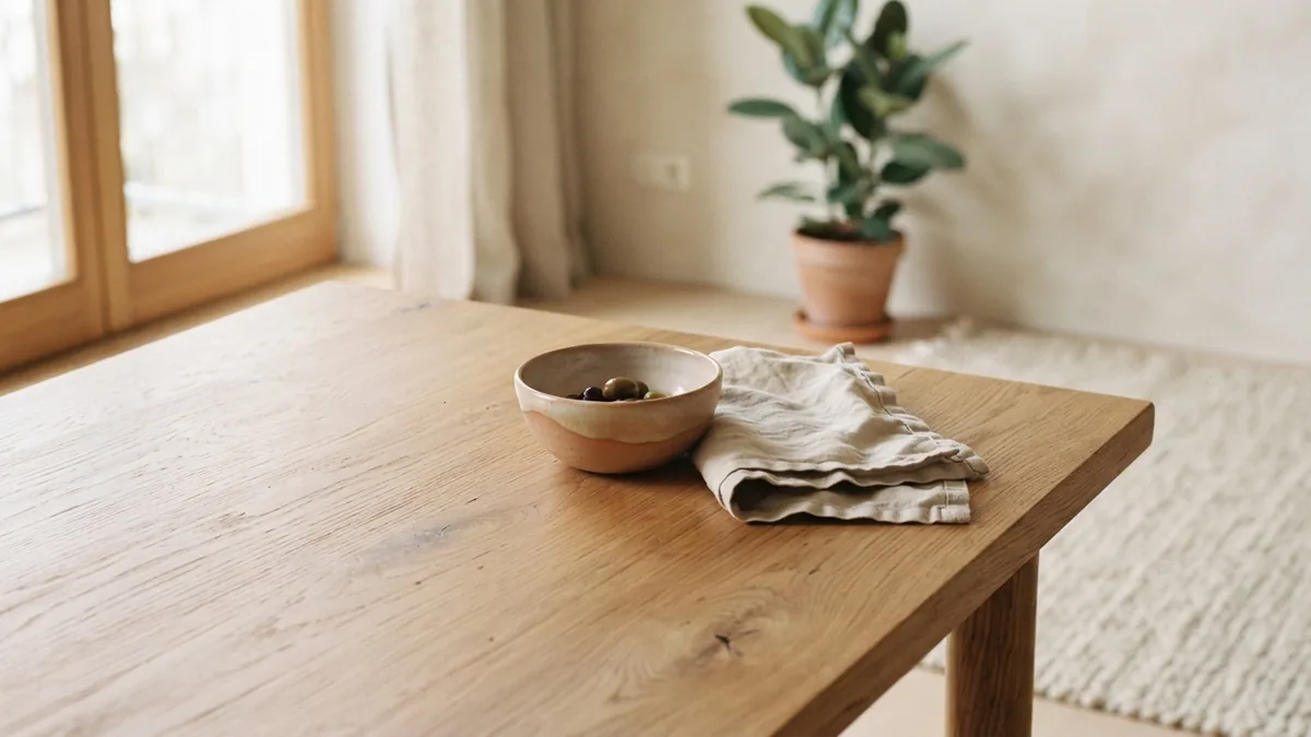 Natural wood grain and finish Close view of natural wood grain and a soft matte finish on a dining table