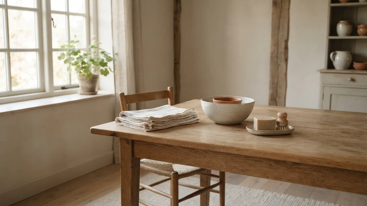 Gentle table cleaning setup Clean wooden dining table with cotton cloths and mild soap in a farmhouse room