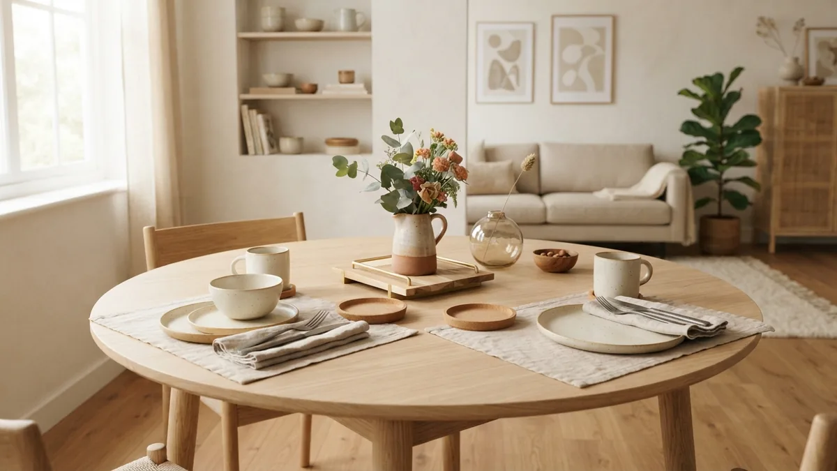 Everyday wood table protection Wood dining table protected with linen placemats, coasters, and a heat-safe trivet