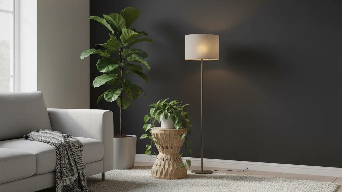 Indoor plants with varied heights beside a lamp in a cozy corner