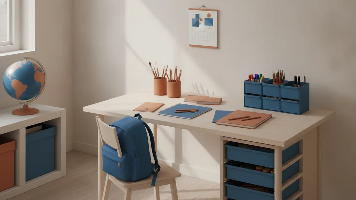Plan around daily routines Child organizing homework and craft supplies with storage nearby