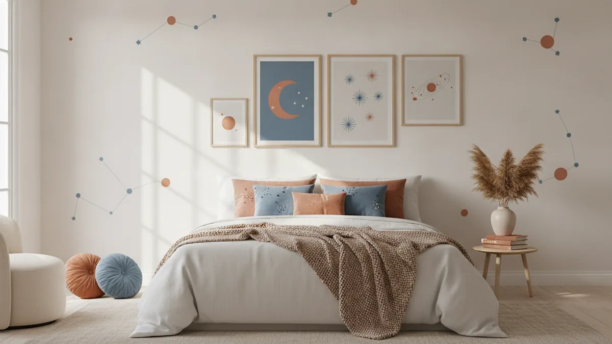 Theme that can grow A neutral room styled with a playful space-themed palette