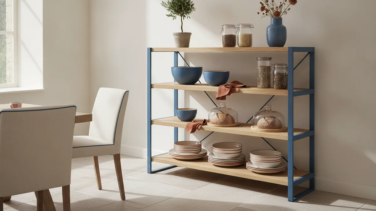 Bakers rack placed in a dining room with balanced sightlines and clearance.