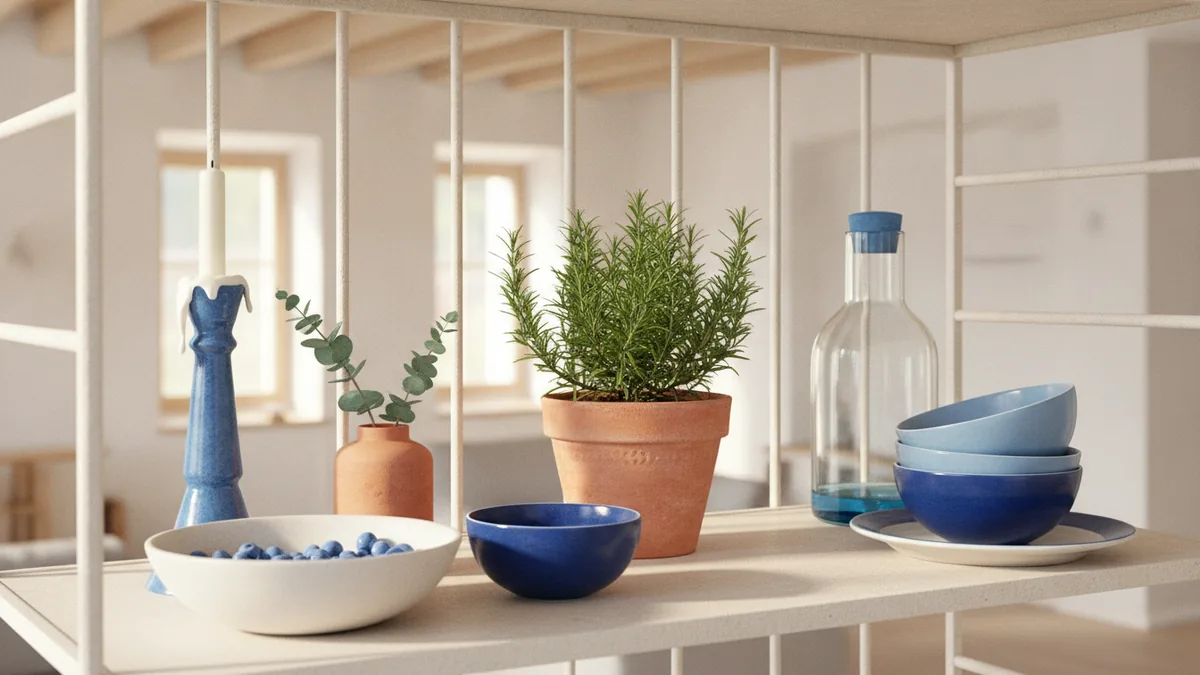 Decorative shelf styling with flowers, ceramics, and a small herb plant.