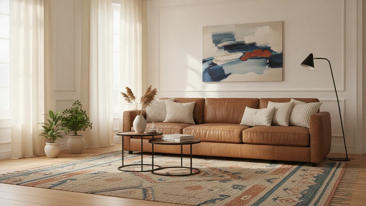 Brown sofa with soft layered textures Brown leather sofa styled with cream cushions, woven rug, and black accents