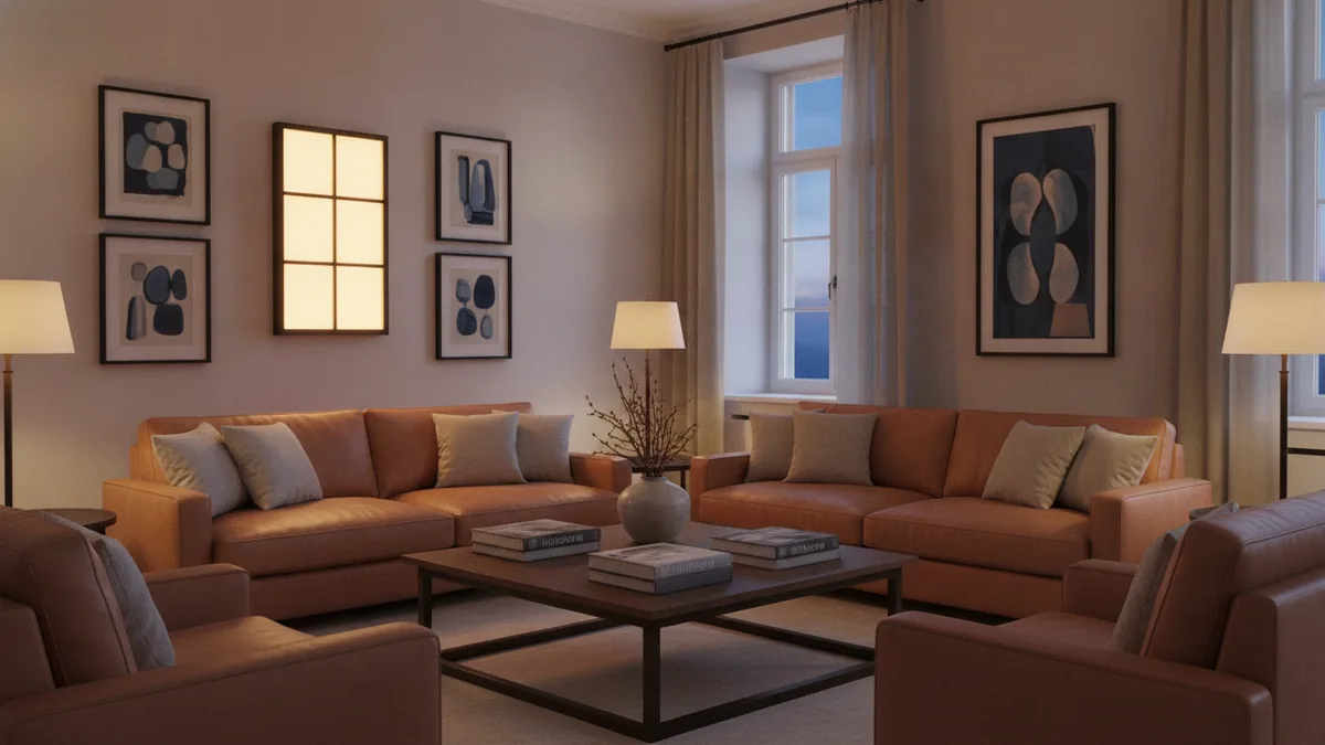 Grey and brown room color balance Grey and brown living room with pale walls, wood, and warm layered lighting
