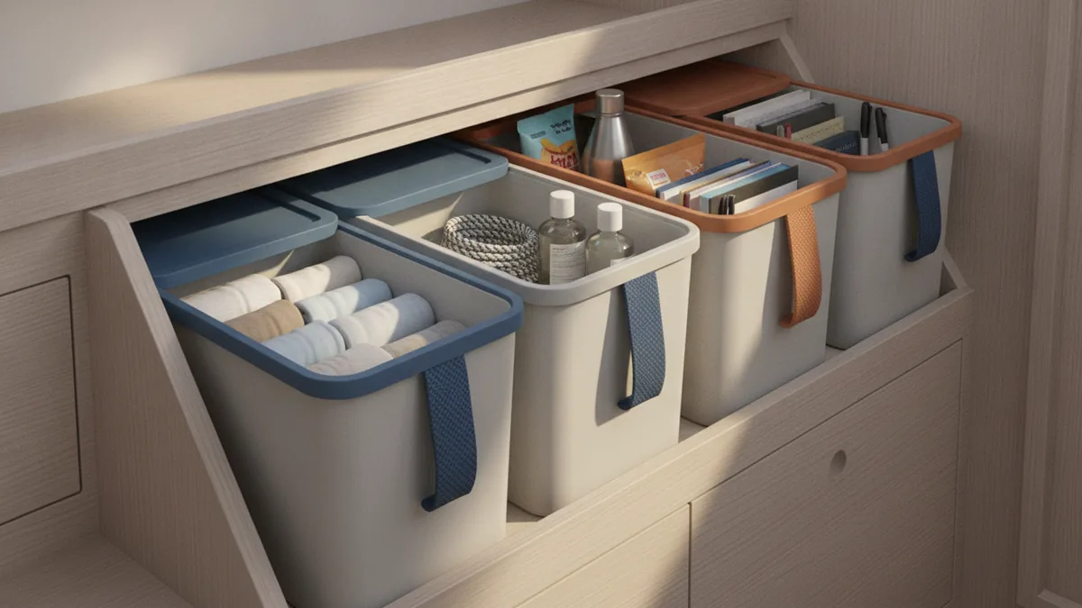 Neat boat storage with organized bins and open lockers