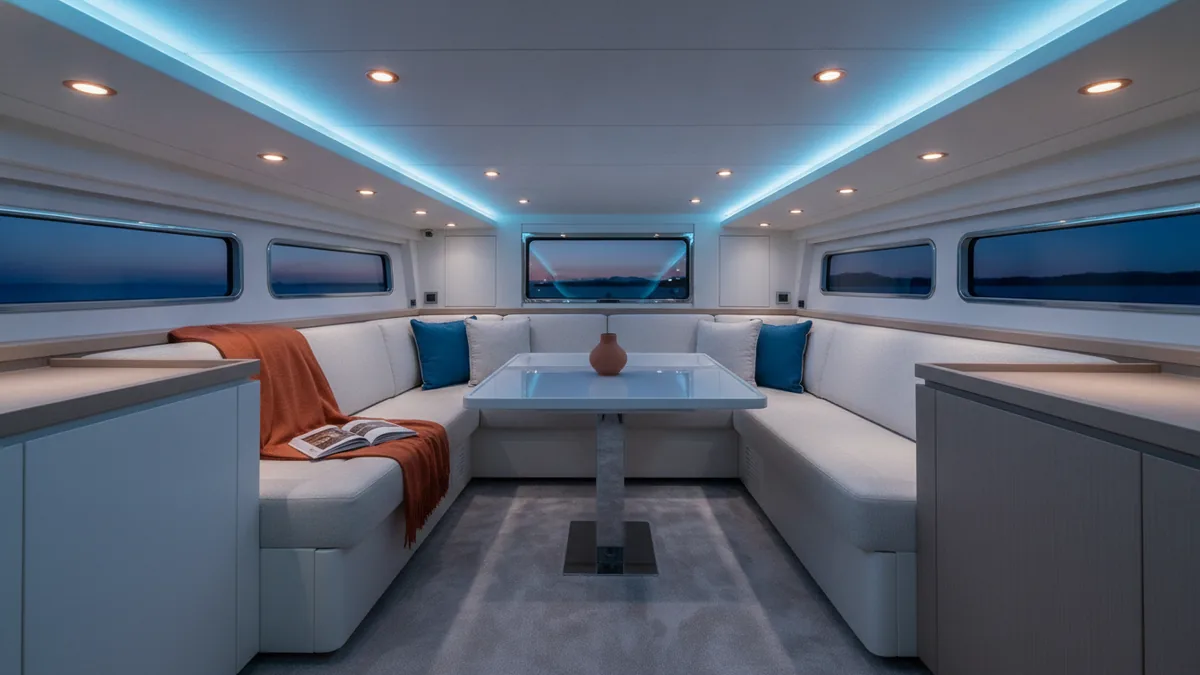 Warm layered lighting inside a boat cabin for evening comfort