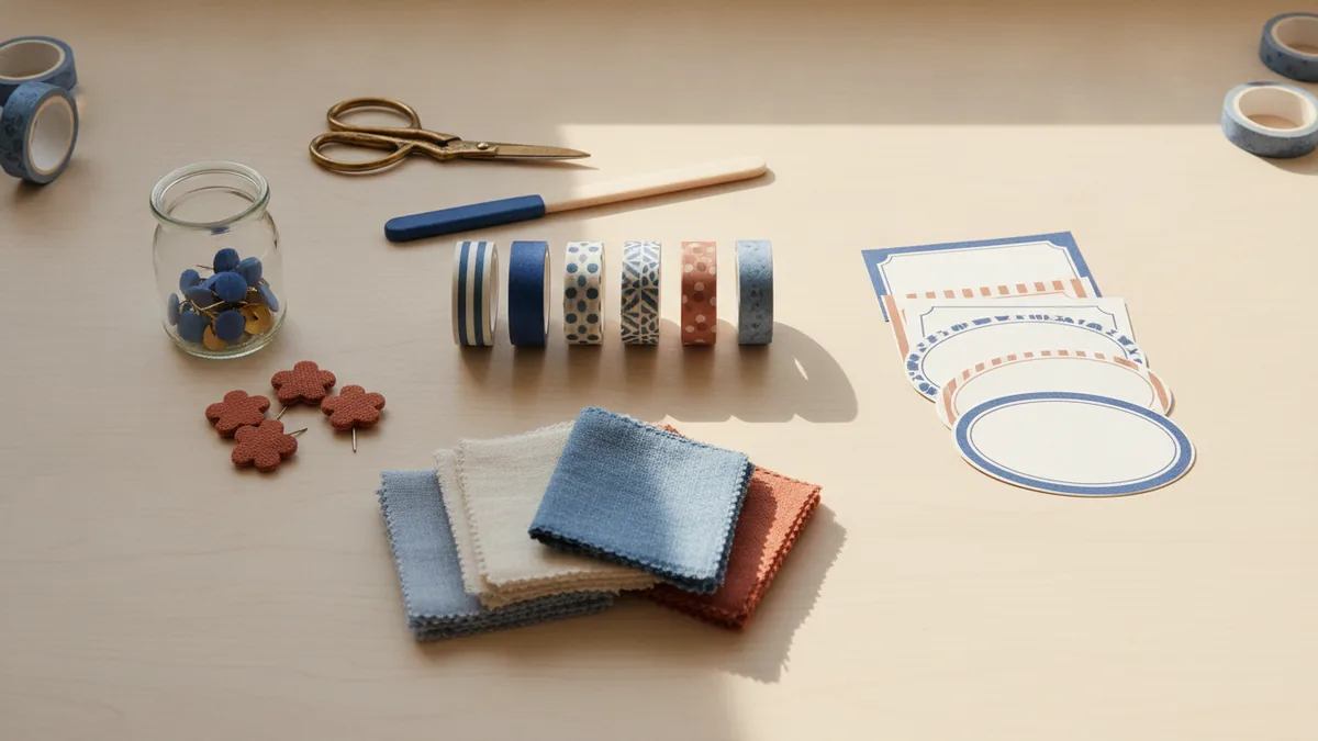 Supplies to gather Pins, tape, and fabric scraps prepared for bulletin board decorating.
