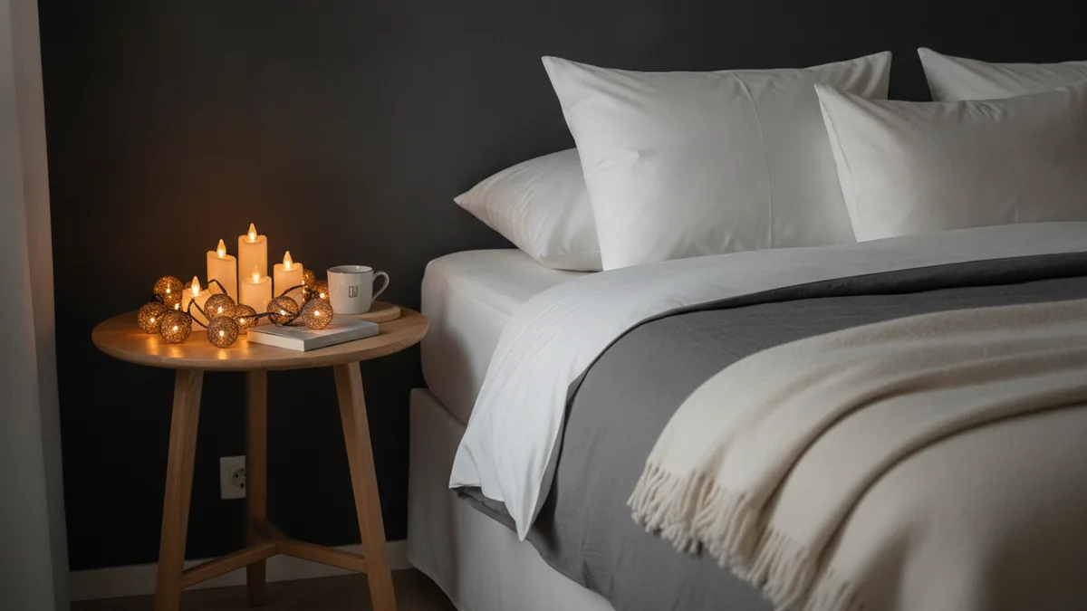 Soft lighting for romance Warm fairy or candlelike lights creating a romantic hotel room atmosphere