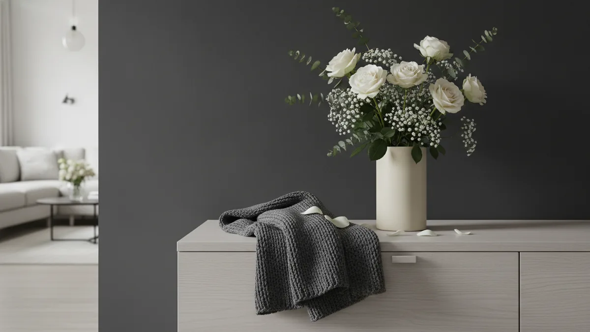 Fresh flowers in a vase on a hotel dresser for wedding night decor
