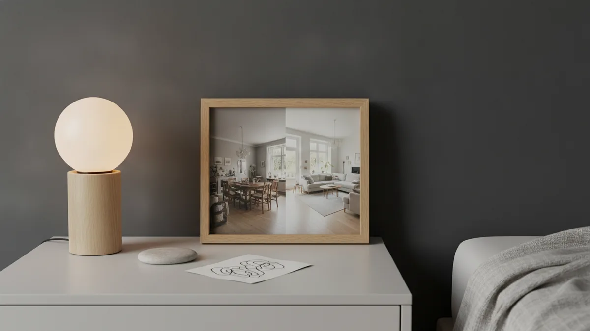 Personalized photo and note on a bedside table with warm romantic light