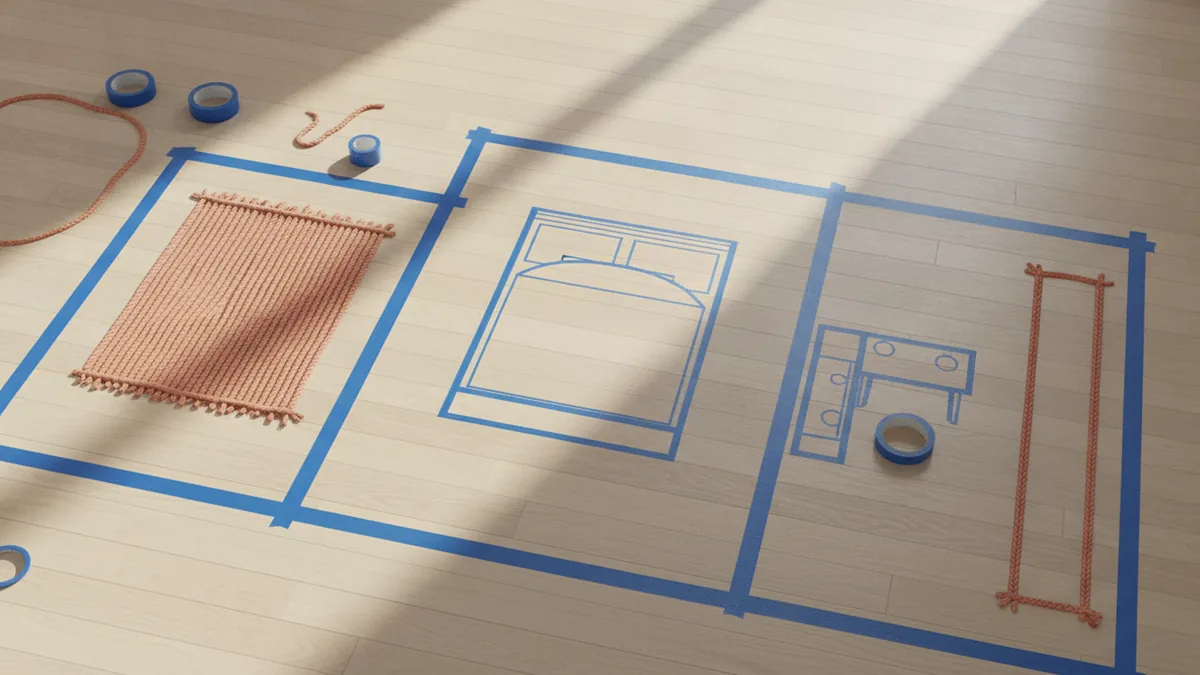 Painter’s tape layout for planning zones in a large bedroom