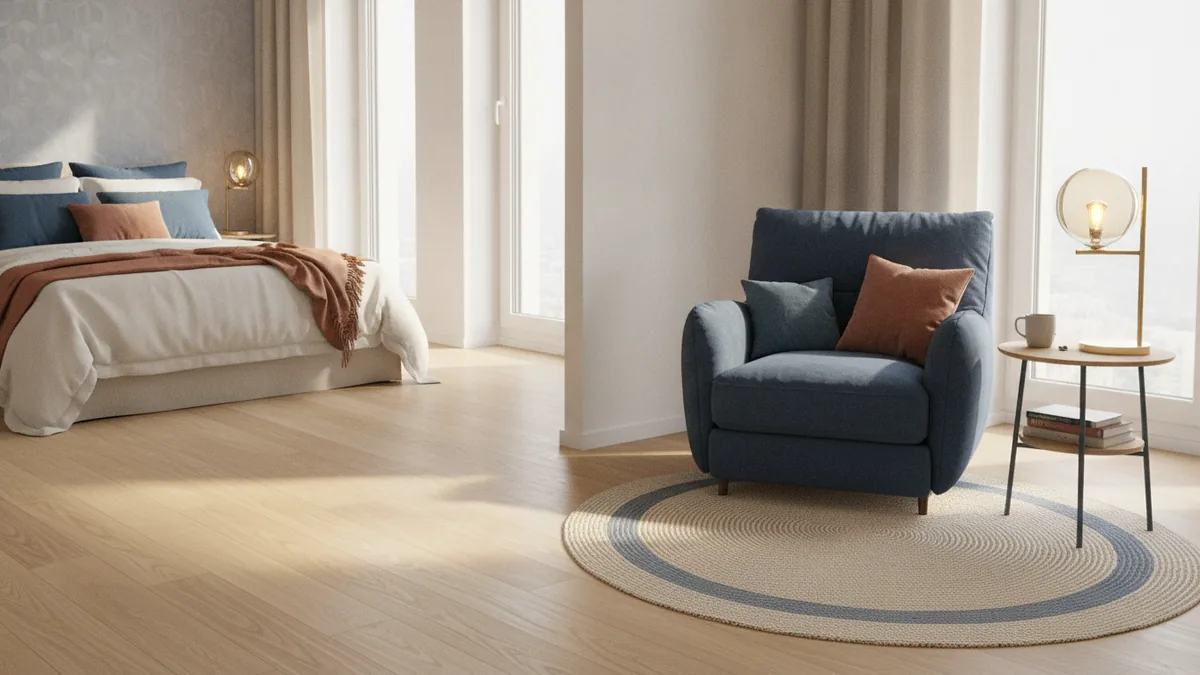 Reading nook within a spacious bedroom with clear zone separation