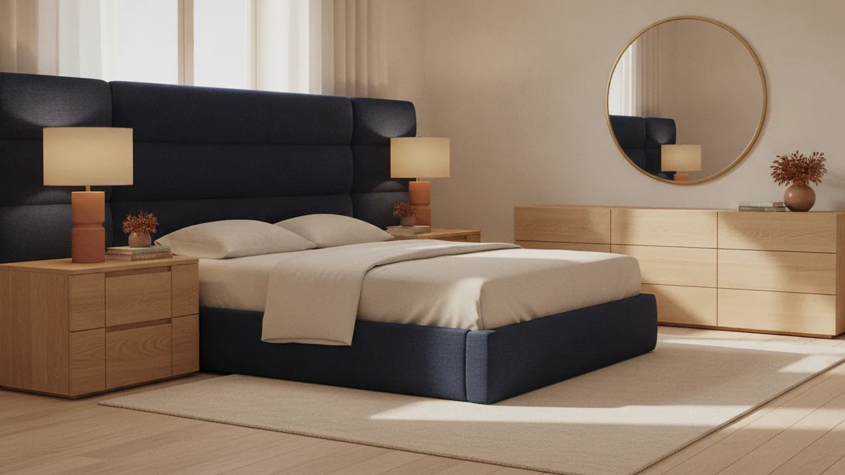 Oversized bed and storage that fit a large bedroom scale