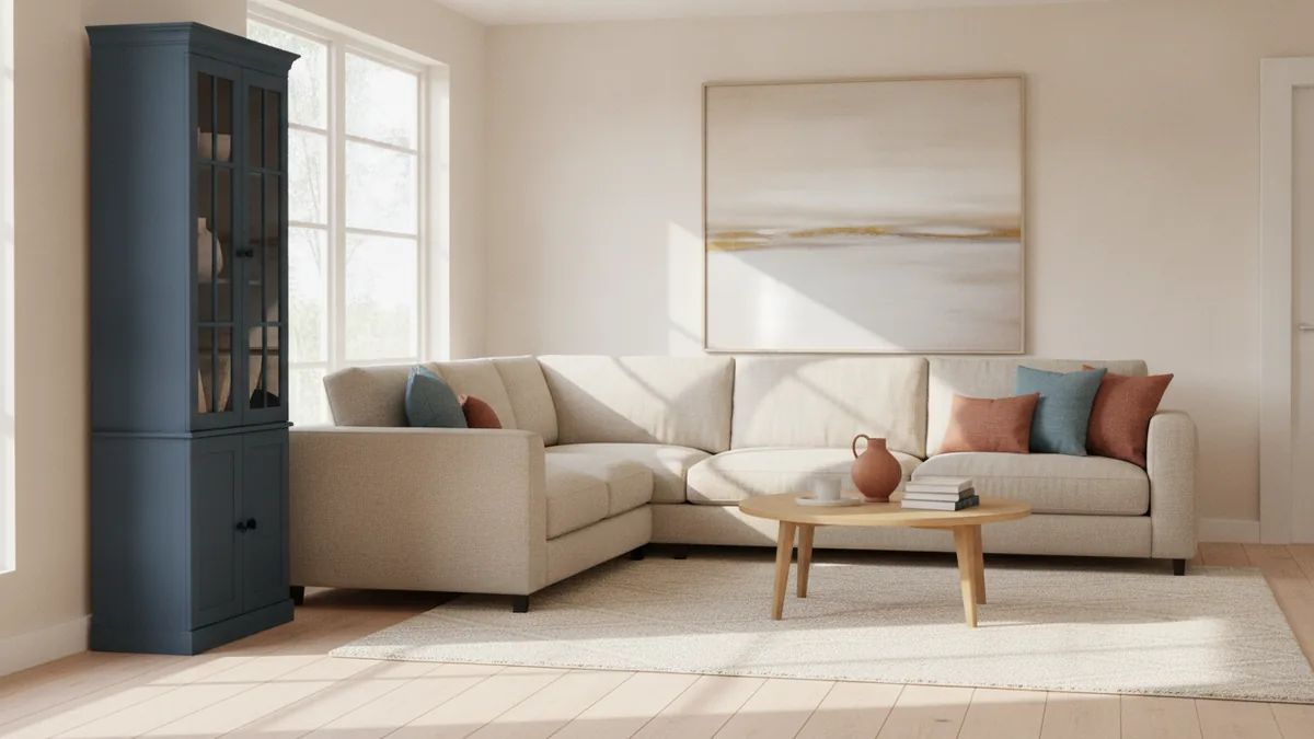 Plan placement and height Hutch positioned with furniture sightlines considered for a balanced living room look