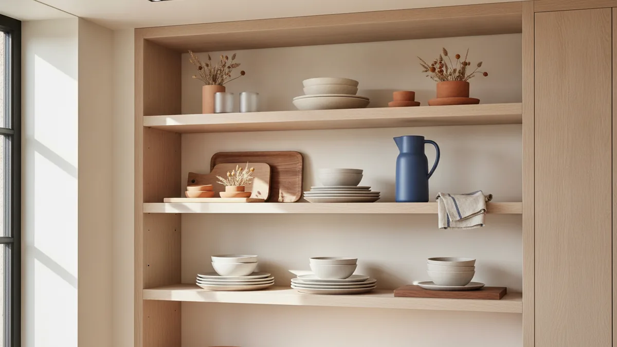 Pick a functional decor mix Neutral dishes and serving trays grouped on open hutch shelves