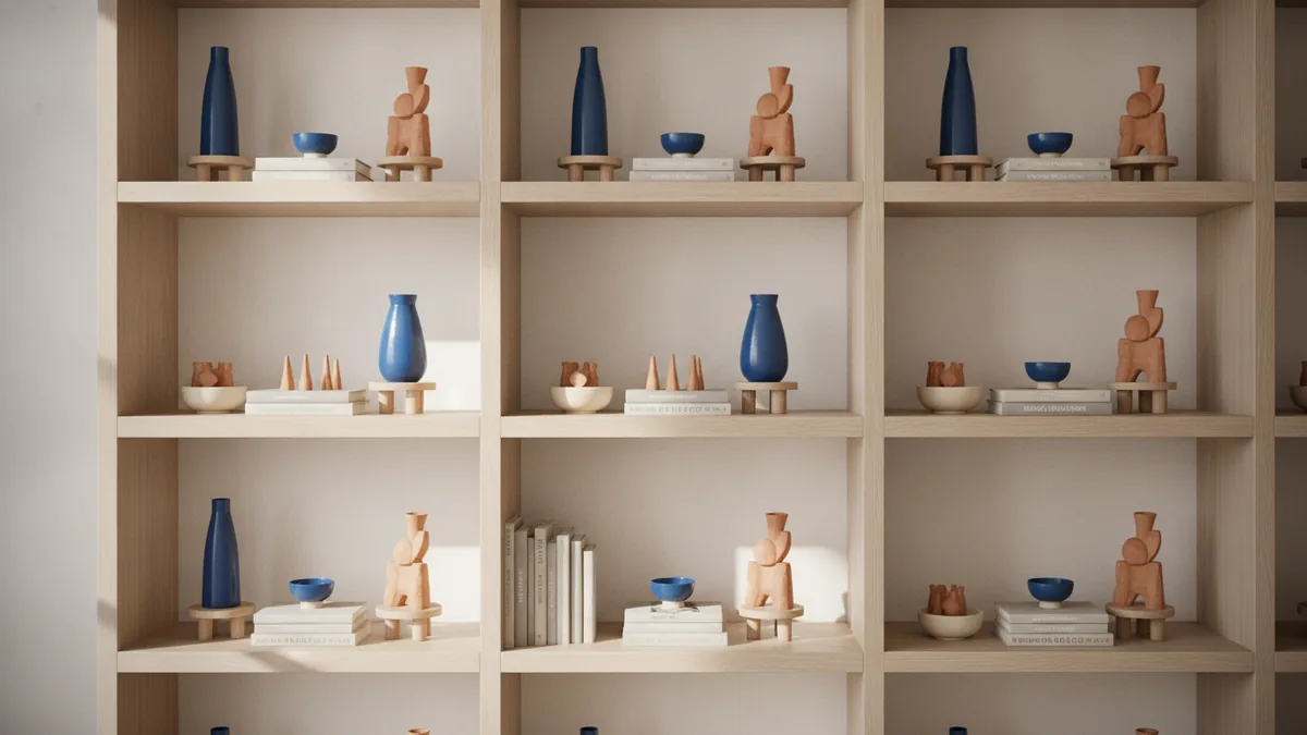 Layered hutch shelf arrangement with odd-number groupings and balanced heights