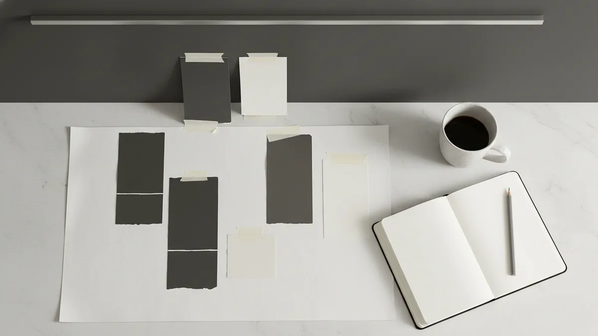 Test your kitchen colors Paint swatches near a kitchen backsplash showing different color tones