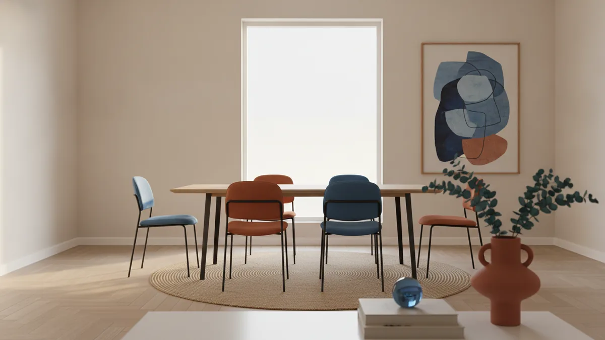 Scale and lighting cues Large dining space showing how wall scale and light affect decor choices