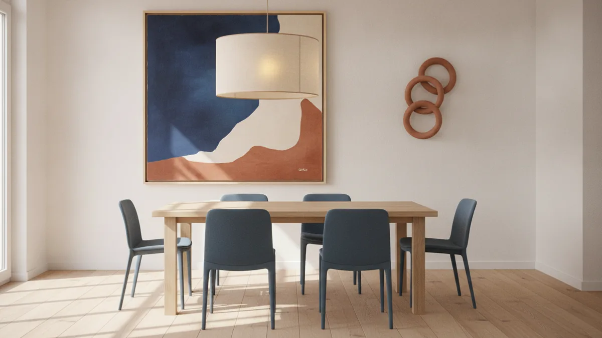 Statement wall art Oversized framed art and sculptural wall decor over a dining area
