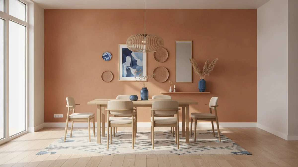 Warm-toned feature wall in a dining room with coordinated decor accents