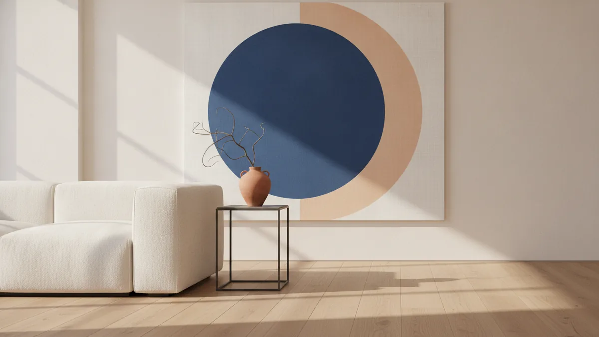Modern style essentials Clean modern living room vignette with simple furniture and calm wall decor