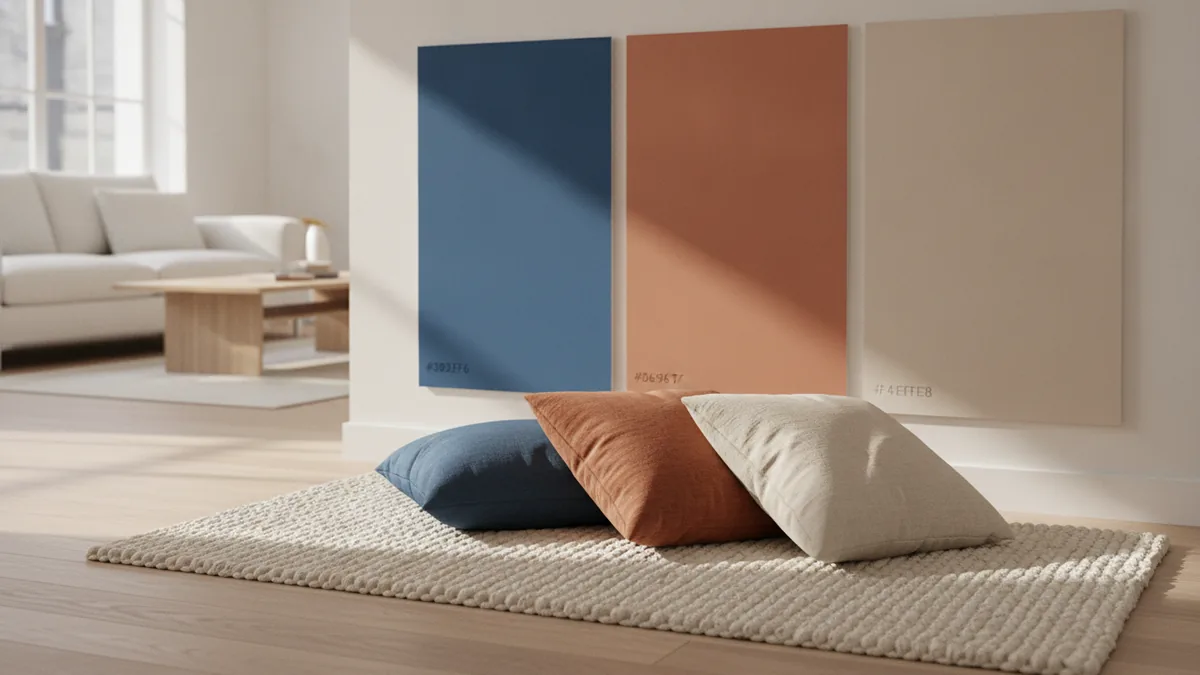 Neutral fabric and rug tones arranged to show a modern color palette