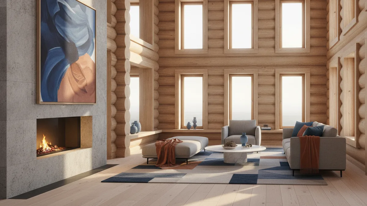 Natural log walls and soft cabin light creating a warm base for decor