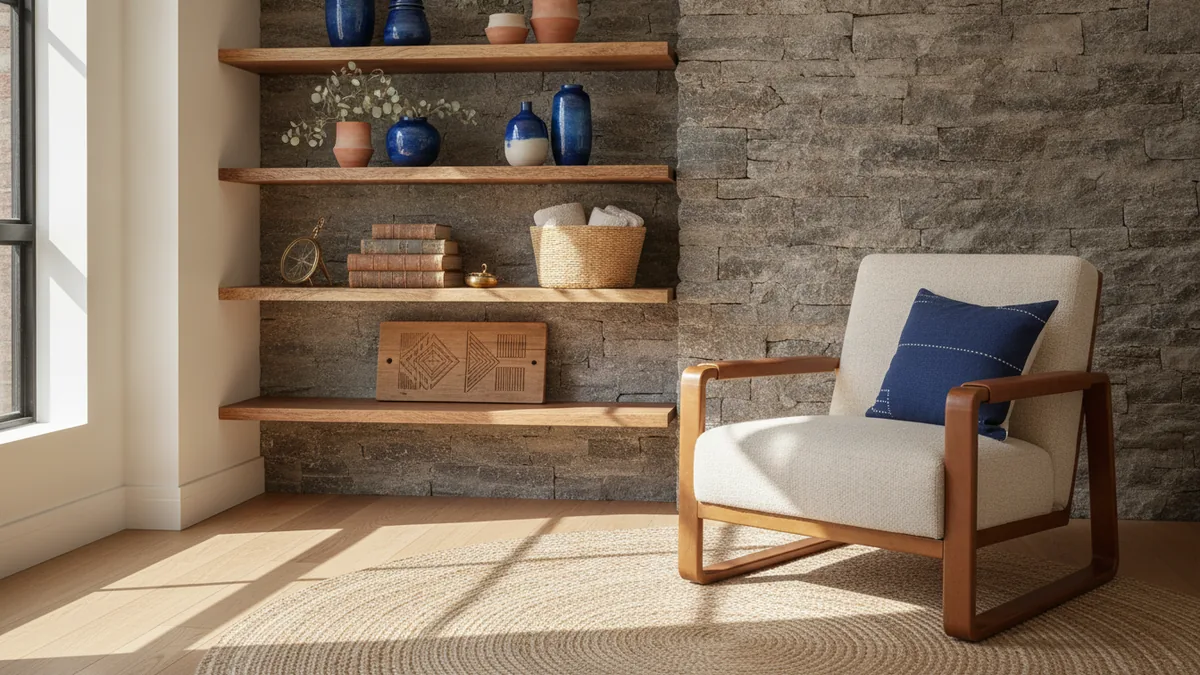 Rustic log cabin decor using wood, stone, and leather accents for warmth
