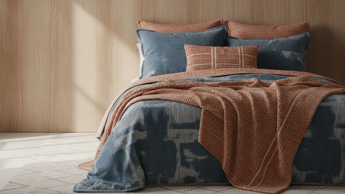 Earthy color palette with layered textiles on a wood cabin backdrop