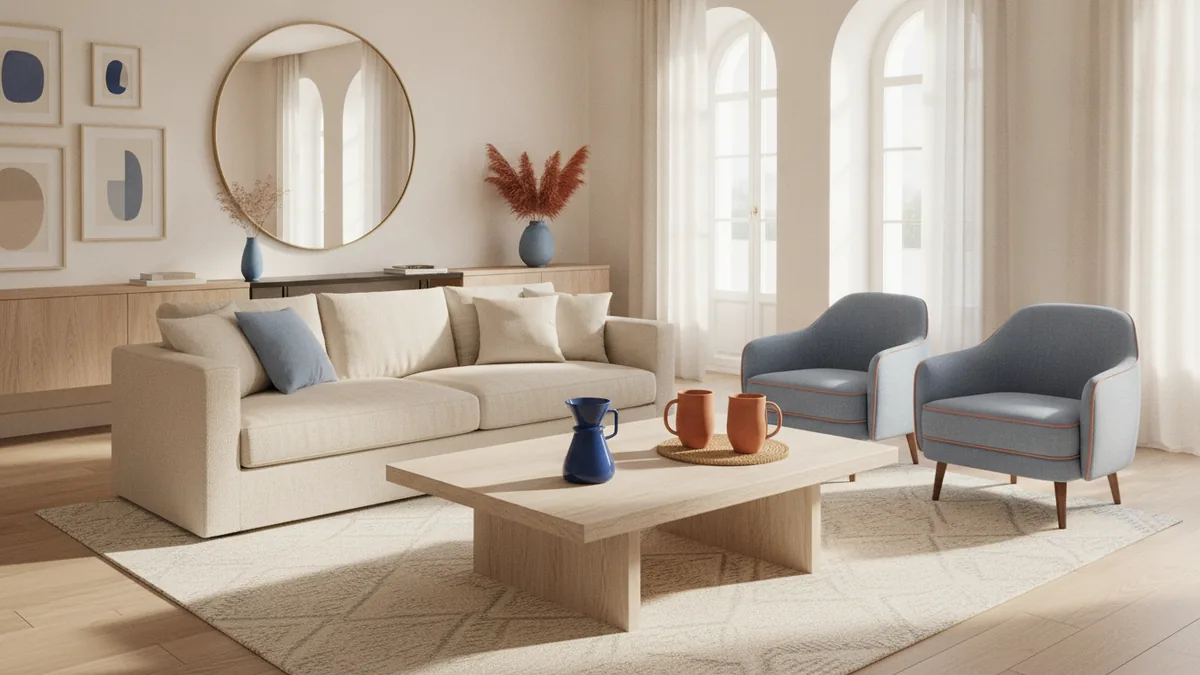 Comfort-focused cabin seating mixing classic shapes with modern balance