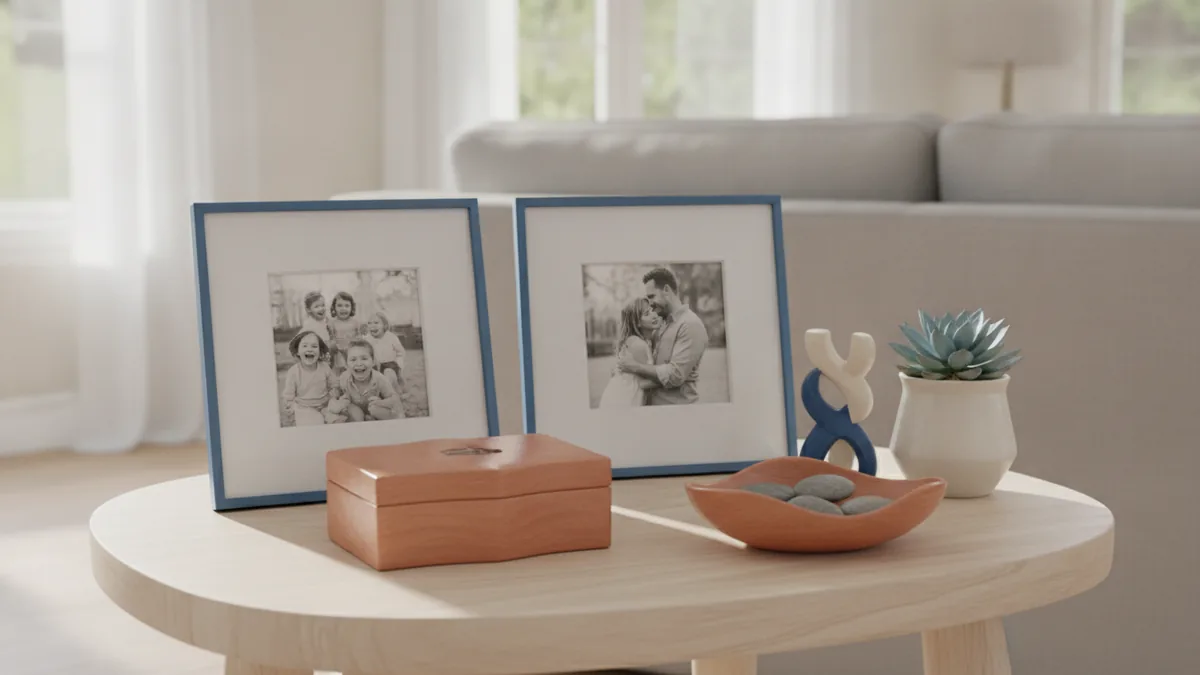 Family photos and keepsakes arranged neatly on a low shelf.