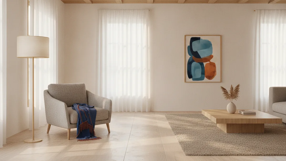 Comfort textiles and simple wall décor with a clear, uncluttered layout.