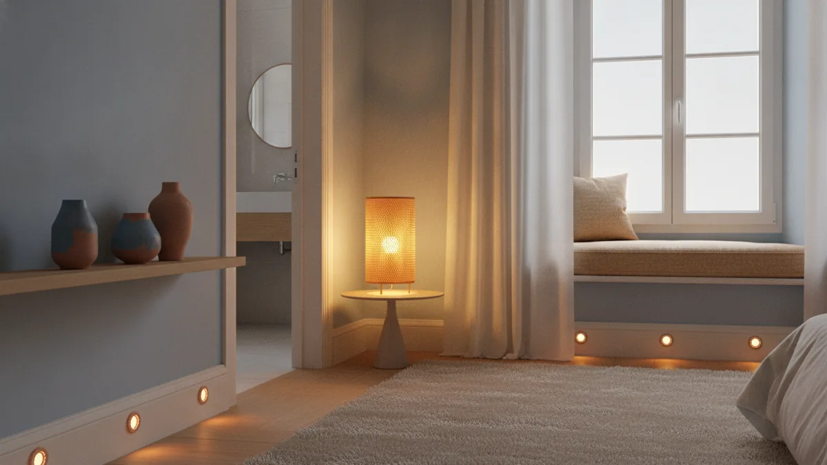 Warm lamp lighting and gentle contrast in a memory care room at night.