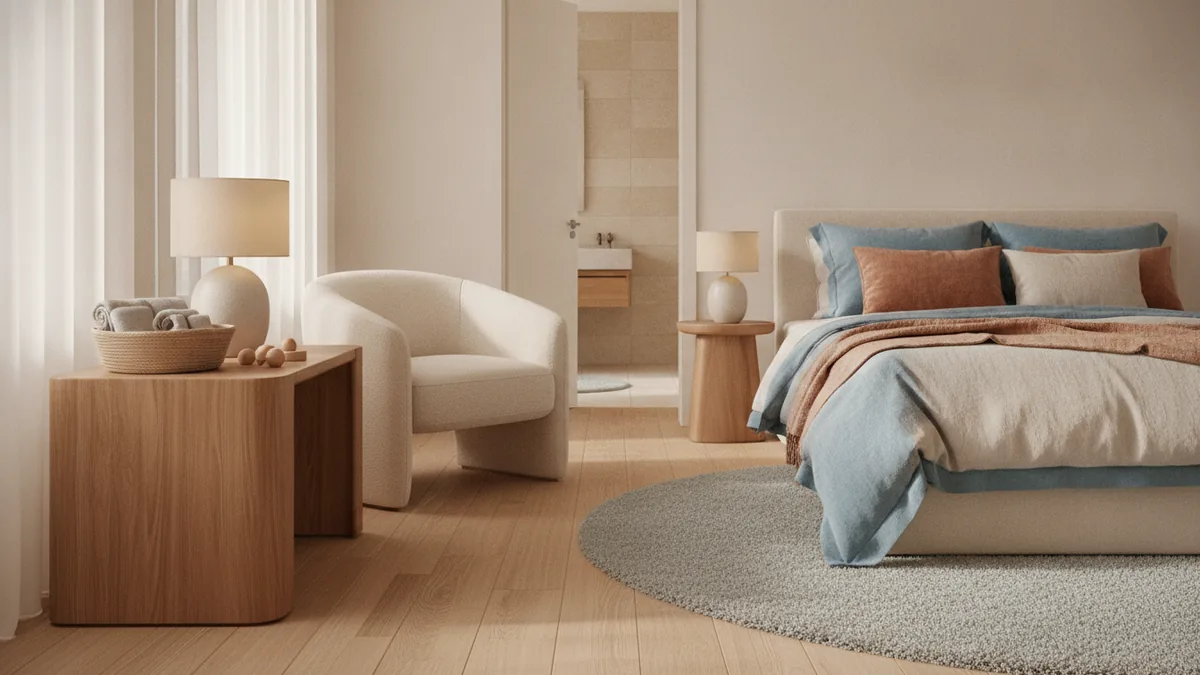 Comfort that stays safe Reachable comfort items and safe, rounded furniture in a memory care room.