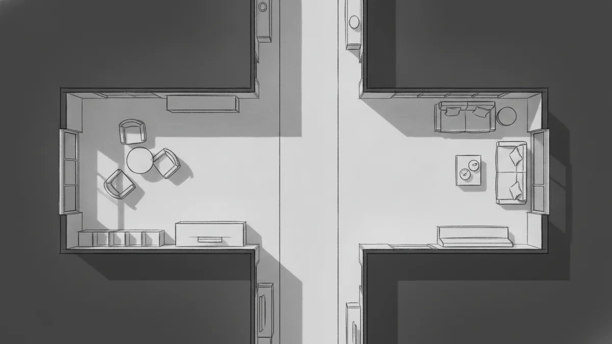 Plan your visual flow Diagram-like view of walkway and zones in a narrow room