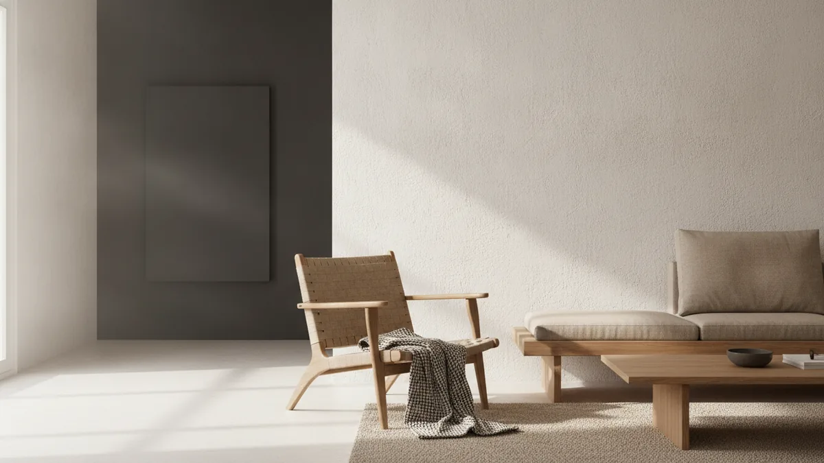 Use color to expand Light color palette with warm neutrals and a dark accent wall