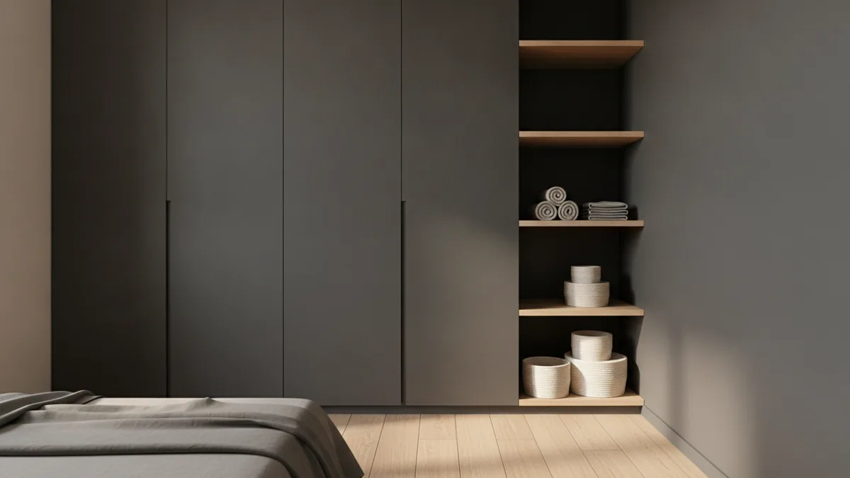 Store up, not out Vertical storage in a narrow bedroom with tall cabinet and shelves