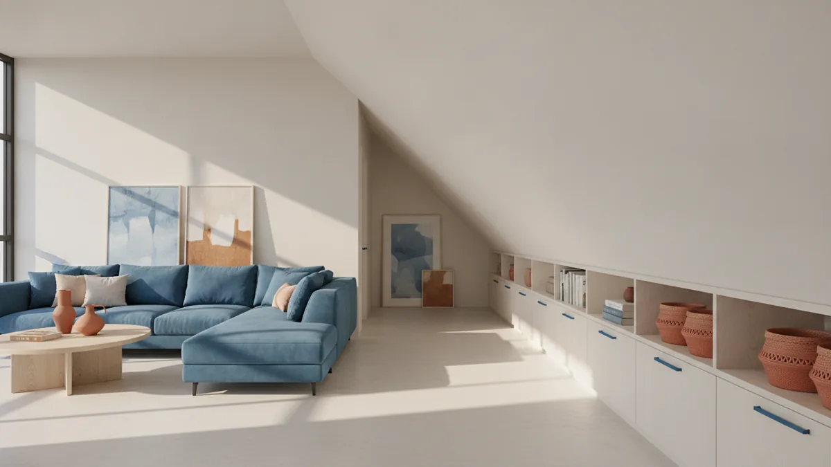 Zone-based room planning Ceiling slope creating tall and low zones with functional layout